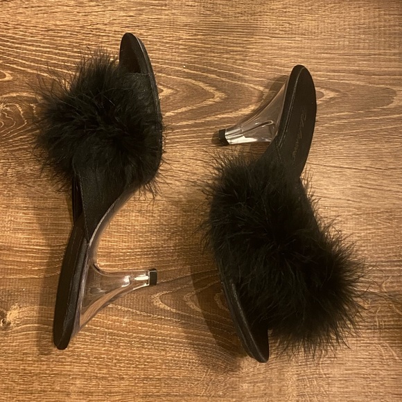 Fabulous Black Marabou Heels Slides Clear Heels Slippers 6 - Picture 7 of 9